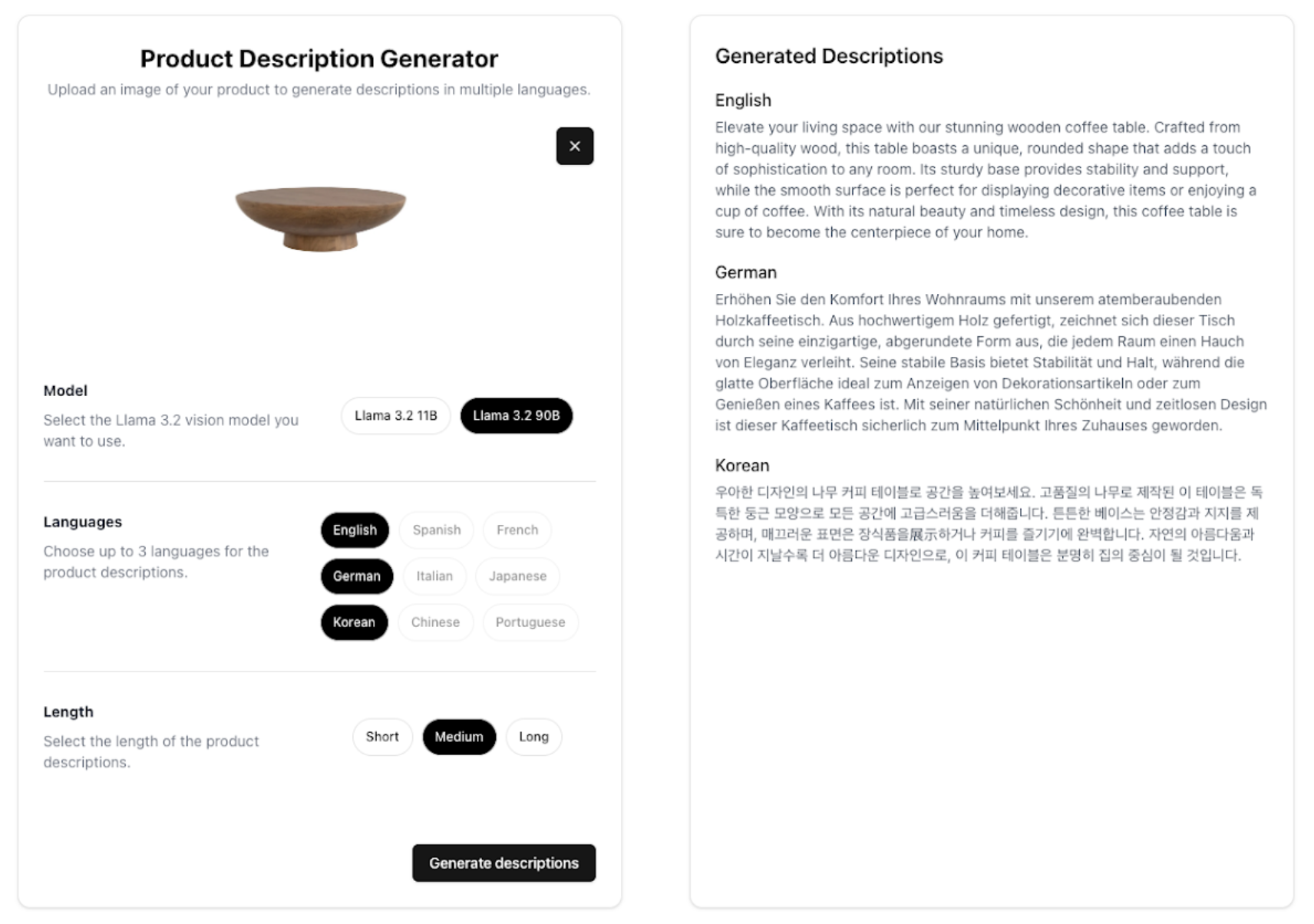 Screenshot of a demo app for product description generation. 